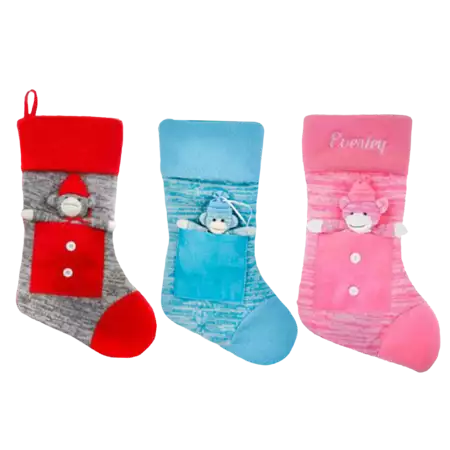 Sock Monkey Stocking - Set of 3 - Red, Blue, Pink