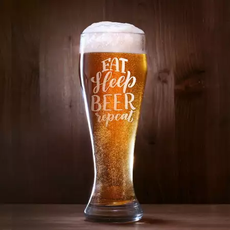 White Engraving Pilsner Glass 16oz Eat Sleep Beer Repeat buy at ThingsEngraved Canada