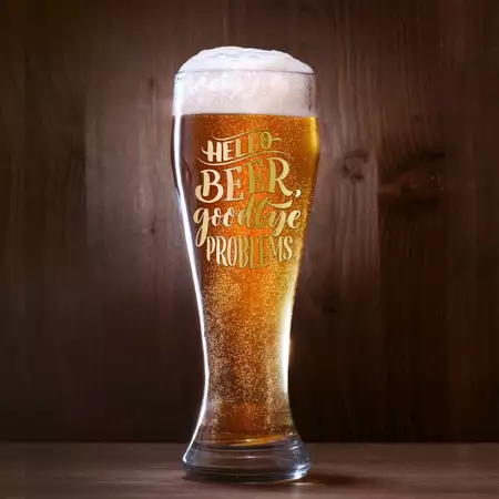 Pilsner Glass 16oz Gold Engraving Hello Beer Goodbye Problems buy at ThingsEngraved Canada