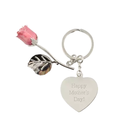Pink Rose Keychain with Custom Engraving on Silver Heart Charm