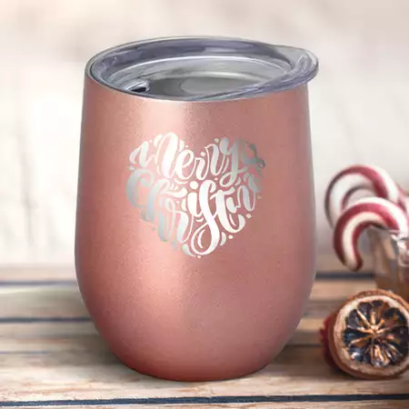 Merry Christmas Stemless Wine Cup - Rose Gold With Lid