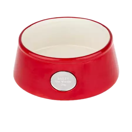 Red Ceramic Pet Bowl with Engravable Plate buy at ThingsEngraved Canada