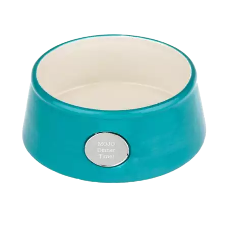 Blue Ceramic Pet Bowl with Engravable Plate