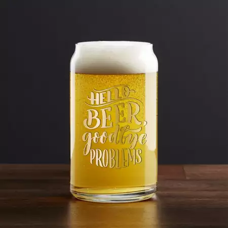 Glass Beer Can 16oz Gold Engraving Hello Beer Goodbye Problems buy at ThingsEngraved Canada