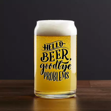 Glass Beer Can  16oz Black Engraving Hello Beer Goodbye Problems buy at ThingsEngraved Canada