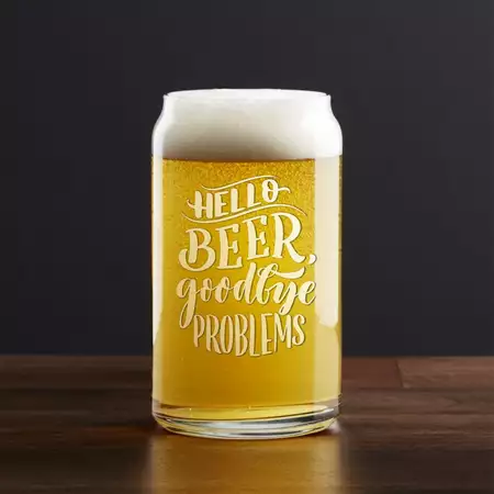 Glass Beer Can 16oz White Engraving Hello Beer Goodbye Problems buy at ThingsEngraved Canada