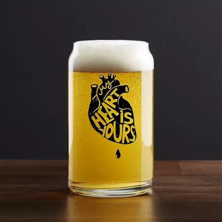 Anniversary Glass Beer Can 16oz with Custom Black Engraving Anatomical Heart