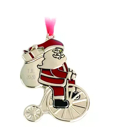 Santa on Bicycle Metal Ornament buy at ThingsEngraved Canada