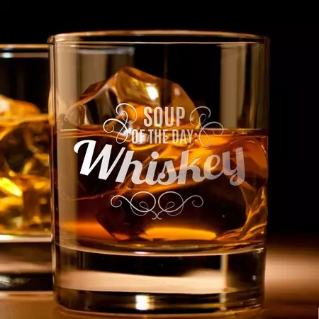 Heavy Base Rocks Glass 11oz with White Engraving Soup of the Day Whiskey