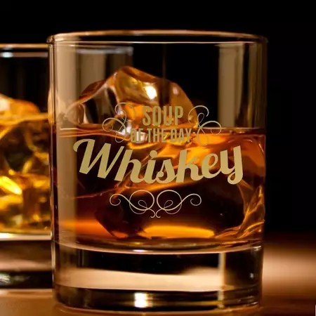 Heavy Base Rocks Glass 11oz with  Gold Engraving Soup of the Day Whiskey