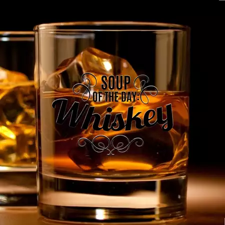 Heavy Base Rocks Glass 11oz with Black Engraving Soup of the Day Whiskey