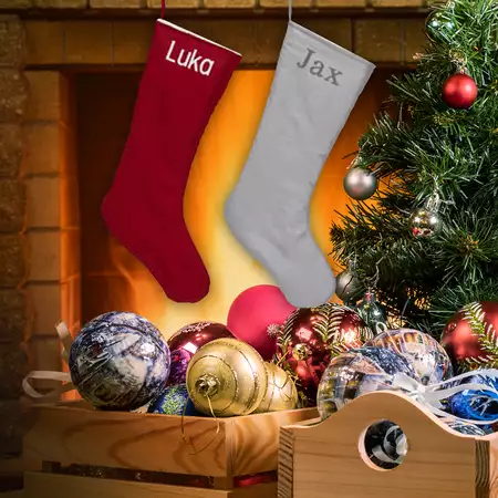 Personalized Christmas Stockings - Set of 2 -  Chic Red and Chic Grey buy at ThingsEngraved Canada