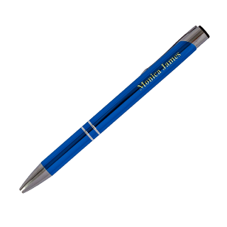 Blue laser engraved metal stylized pen buy at ThingsEngraved Canada