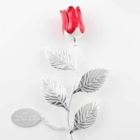 Silver Plated Red Rose with Custom Engraved Tag