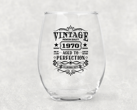 Vintage Birthday Stemless Wine Glass