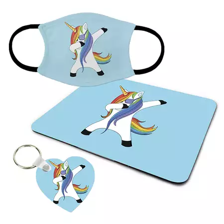 Dabbing Unicorn Set - Keychain Adult Mask and Mouse Pad buy at ThingsEngraved Canada