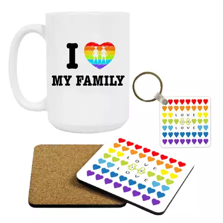 Lesbian Family Set of Mug and a Coaster and a keychain