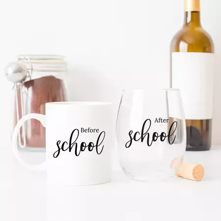 Before School, After School 15oz Mug and Stemless Wine Glass Set buy at ThingsEngraved Canada