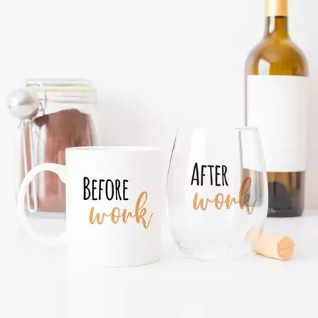Before Work, After Work 15oz Mug and Stemless Wine Glass Set buy at ThingsEngraved Canada