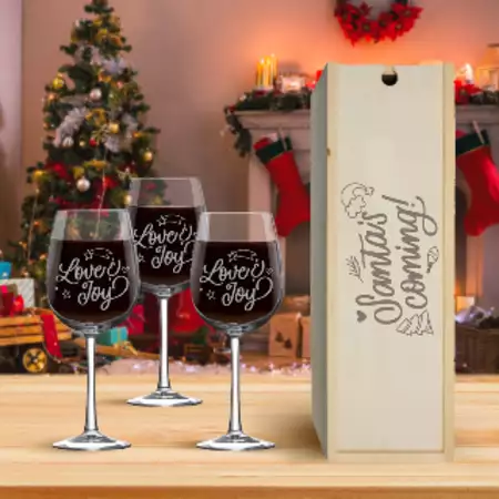 Christmas Wine Box Set with 3 Wine Glasses