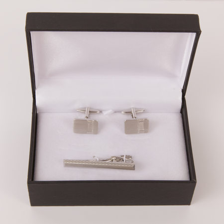 Brushed Silver Cuff Link & Tie Clip Set