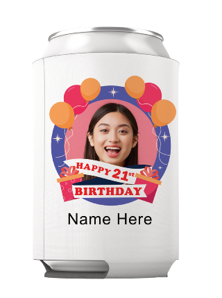 Can Cooler Happy 21st Birthday with custom photo. buy at ThingsEngraved Canada