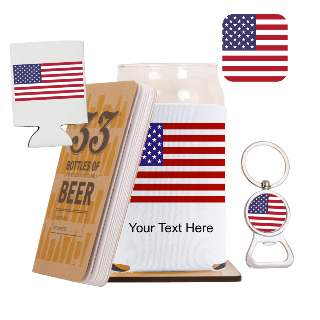 Go USA Go Beer Glass with Cozy, Square Coaster and Key Chain Bottle Opener