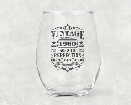 Vintage Birthday Stemless Wine Glass