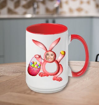 Pink Bunny Custom Photo Ceramic Mug 15 oz Red Handle buy at ThingsEngraved Canada