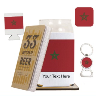 Go Morocco Go Beer Glass with Cozy, Square Coaster and Key Chain Bottle Opener