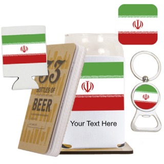 Go Iran Go Beer Glass with Cozy, Square Coaster and Key Chain Bottle Opener buy at ThingsEngraved Canada
