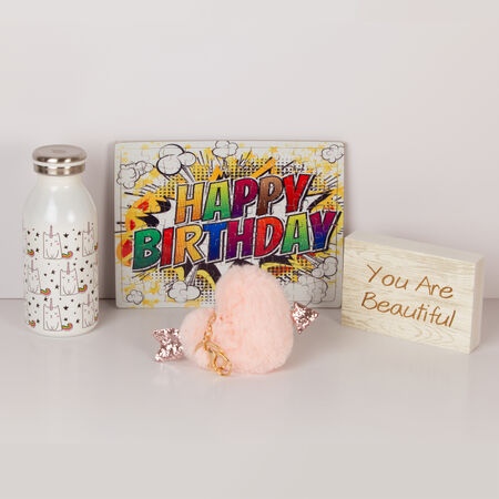 Happy Birthday Gift Bundle  Kid's Birthday Gift with Puzzle, Unicorn Water Bottle, Fluffy Key Chain and Engraved Wooden Block (Pink Heart)