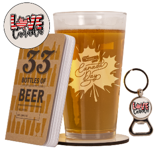 Canada Themed Gift Set with Beer Testing Book, Classic Beer Pint and Round Coaster with Bottle Opener set