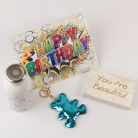 Happy Birthday Gift Bundle  Kid's Birthday Gift with Puzzle, Unicorn Water Bottle, Reversible Sequin Teddy Keychain (BLU/PUR)and Engraved Wooden Blo