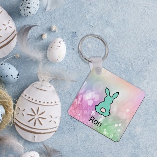 Custom Square Keychain with one Bunny - Teal