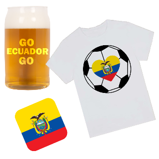 Go Ecuador Go T Shirt, Beer Glass, and Square Coaster Set