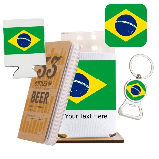 Go Brazil Go Beer Glass with Cozy, Square Coaster and Key Chain Bottle Opener buy at ThingsEngraved Canada