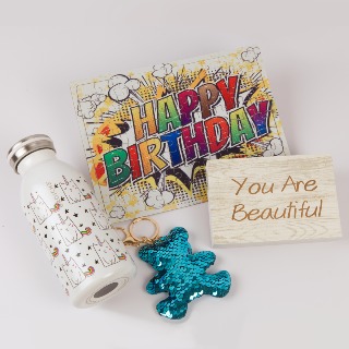 Happy Birthday Gift Bundle  Kid's Birthday Gift with Puzzle, Unicorn Water Bottle, Reversible Sequin Teddy Keychain (BLU/PUR)and Engraved Wooden Blo buy at ThingsEngraved Canada