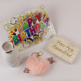 Happy Birthday Gift Bundle  Kid's Birthday Gift with Puzzle, Unicorn Water Bottle, Fluffy Key Chain and Engraved Wooden Block (Pink Heart) buy at ThingsEngraved Canada