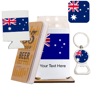 Go Australia Go Beer Glass with Cozy, Square Coaster and Key Chain Bottle Opener buy at ThingsEngraved Canada