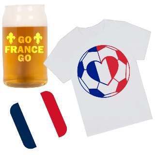 Go France Go T Shirt, Beer Glass, and Square Coaster Set
