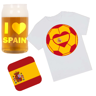 Go Spain Go  T Shirt, Beer Glass, and Square Coaster Set buy at ThingsEngraved Canada