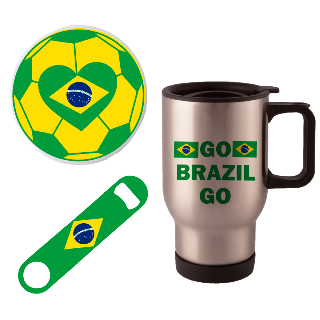 Go Brazil Go Travel Mug with Ornament and Bottle Opener buy at ThingsEngraved Canada