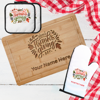 Happy Thanksgiving Bamboo Cutting Board, Oven Mitt and Pot Holder Set. buy at ThingsEngraved Canada