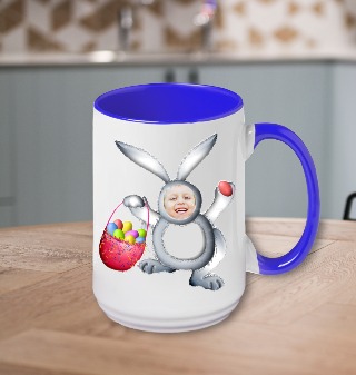 Grey Bunny Custom Photo Ceramic Mug 15 oz Cobalt Handle buy at ThingsEngraved Canada