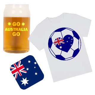 Go Australia Go T Shirt, Beer Glass, and Square Coaster Set buy at ThingsEngraved Canada