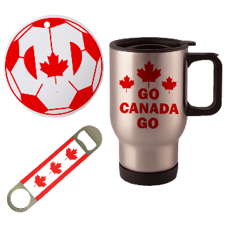 Go Canada Go Travel Mug with Ornament and Bottle Opener buy at ThingsEngraved Canada