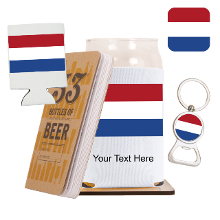 Go Netherlands Go Beer Glass with Cozy, Square Coaster and Key Chain Bottle Opener