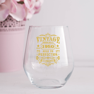 Vintage Birthday Stemless Wine Glass buy at ThingsEngraved Canada