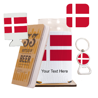Go Denmark Go Beer Glass with Cozy, Square Coaster and Key Chain Bottle Opener